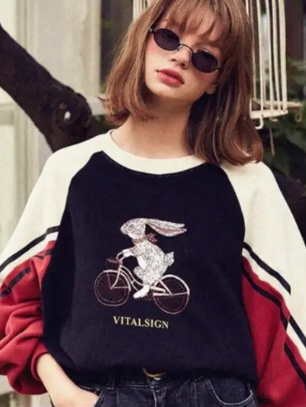 Vitalsign Rabbit Bicycle Colorblock Sweatshirt - Black, Cream & Red